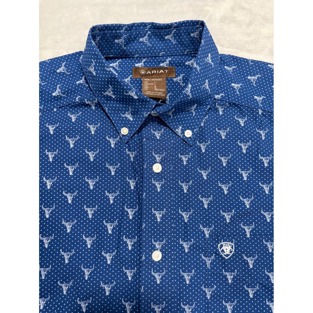 Ariat Button Down Longhorn Steer Skull Print Mens Shirt Large Blue Jai Classic